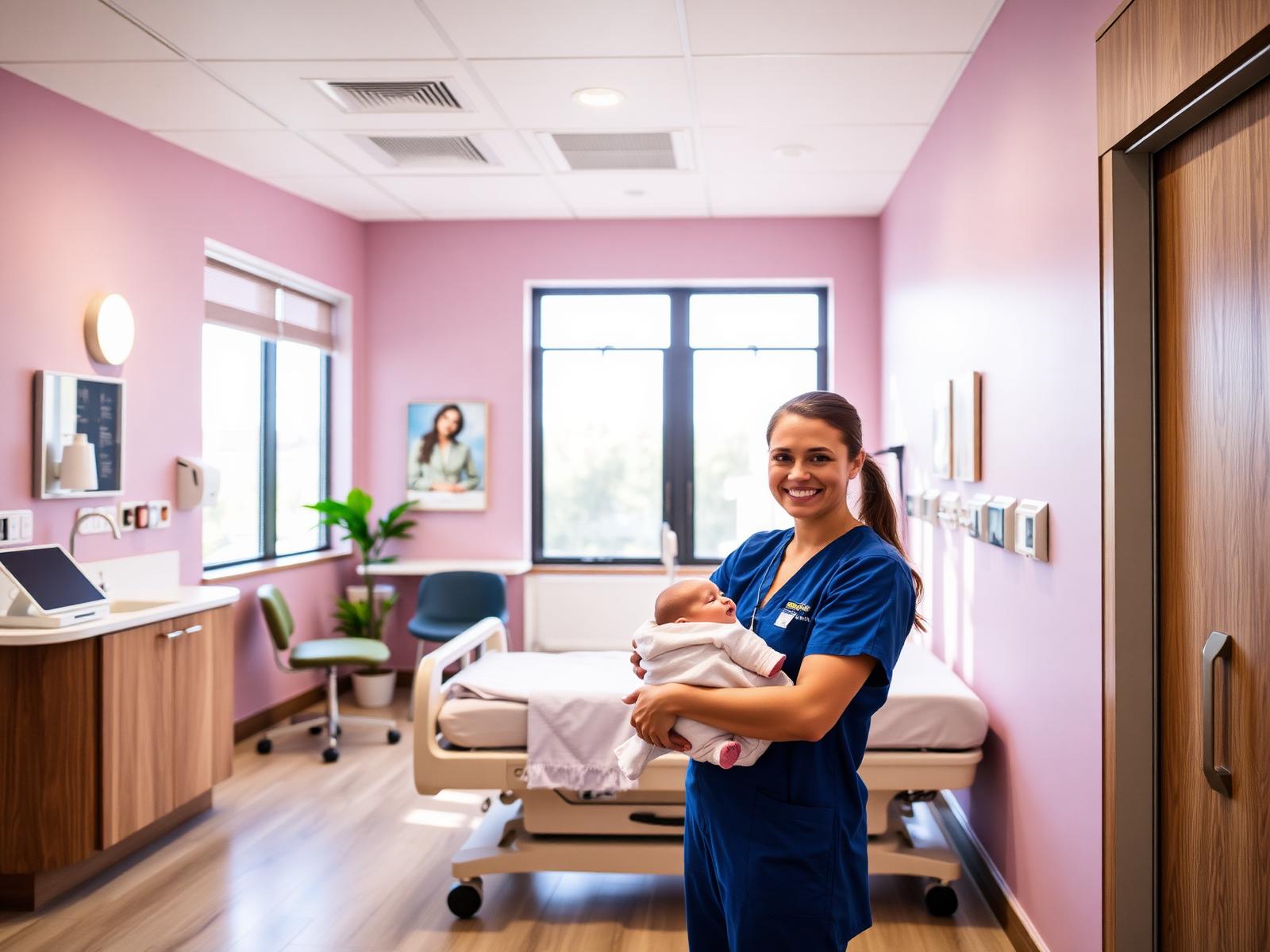 Nurse holding a newborn at Sri Sai Balaji Mother & Child Hospital